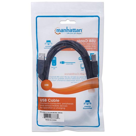 CABLE USB A-B V2.0, 3.0M NEGRO / MANHATTAN