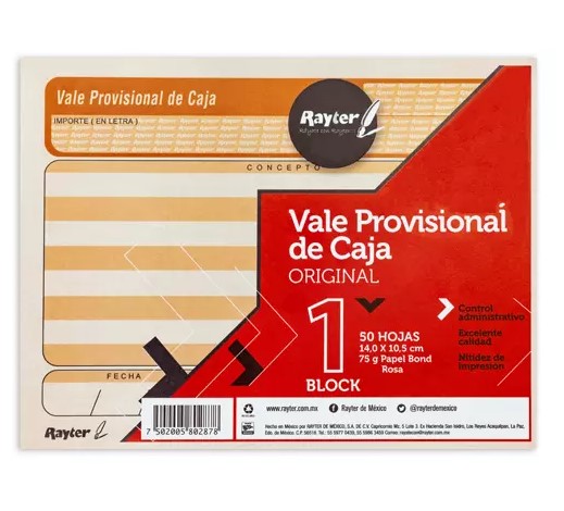 [RAY-POL-08VAPR] VALE PROVISIONAL TAMAÑO 1/4 CARTA, COLOR ROSA, BLOCK 5O HOJAS / RAYTER