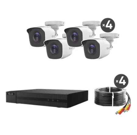 KIT TURBOHD 1080P DVR 4 CANALES 4 CÁMARAS BALA DE METAL H.265+ 1 FUENTE DE PODER PROFESIONAL ACCESORIOS DE INSTALACIÓN / HIKVISION