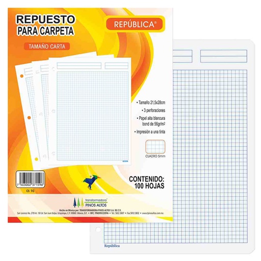 [PIN-CUA-RT5] REPUESTOS PARA CARPETA DE CUADRO CHICO TAMAÑO CARTA 100 HOJAS / PINOS ALTOS
